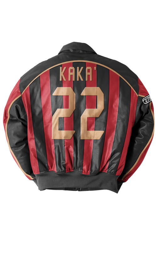Eternal Core Football Bomber Jacket. Black and red jacket with 'KAKA 22' branding on a white background