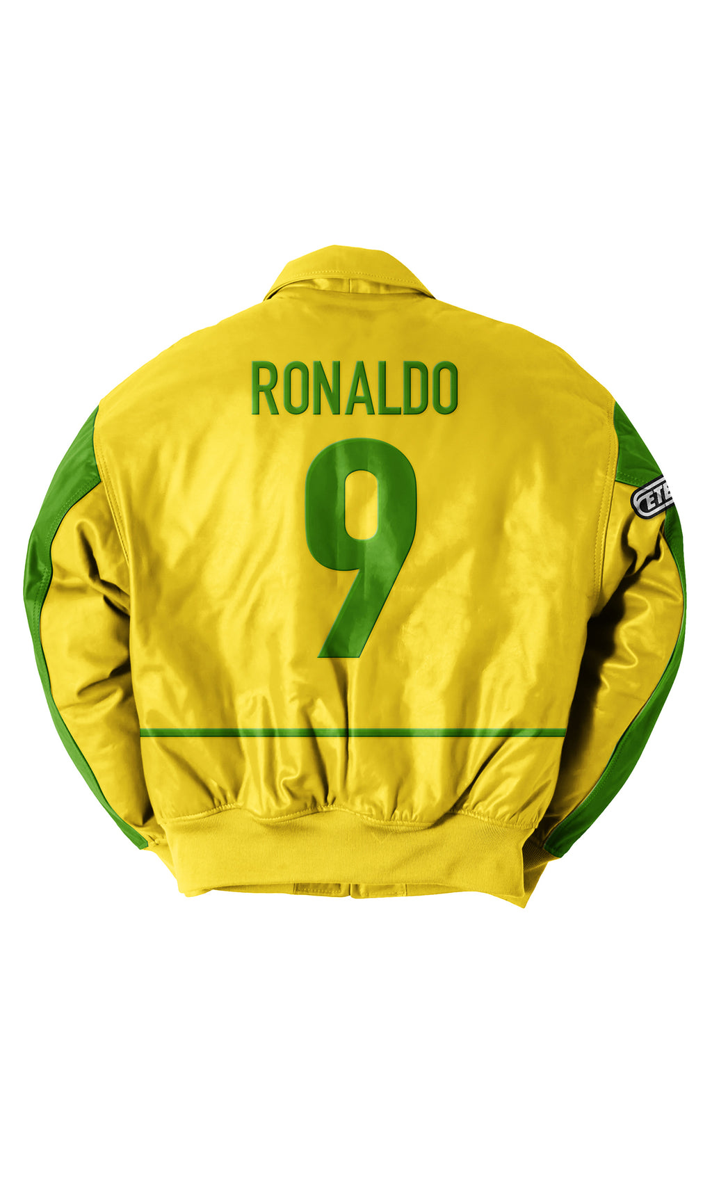 Casaca Bomber de Futebol Eternal Core. Amarela com acentos verdes, com 'Ronaldo' e o número '9' impressos na parte de trás, sobre um fundo branco.