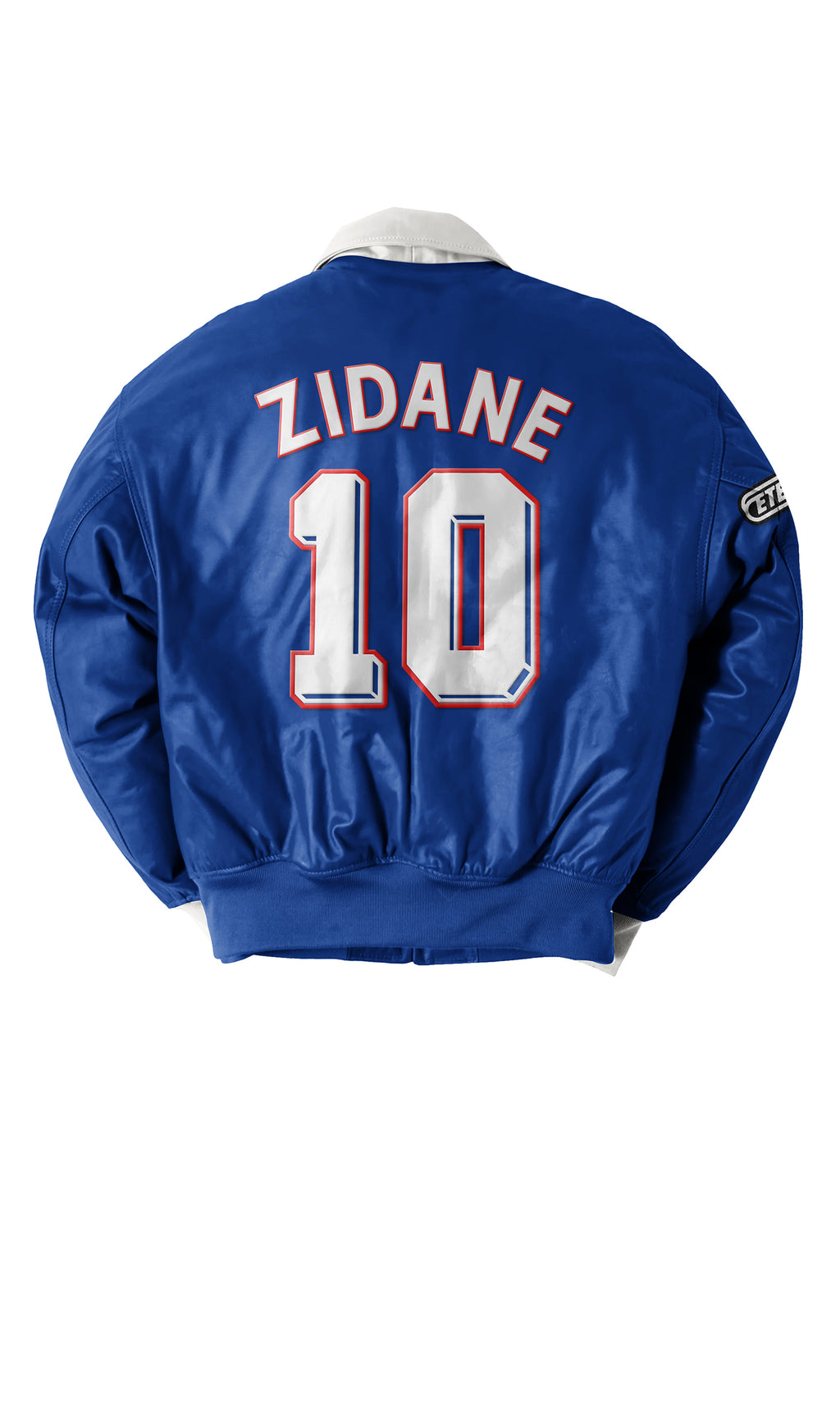 Eternal Core Football Bomber Jacket. Blue jacket with 'Zidane 10' printed on the back against a white background