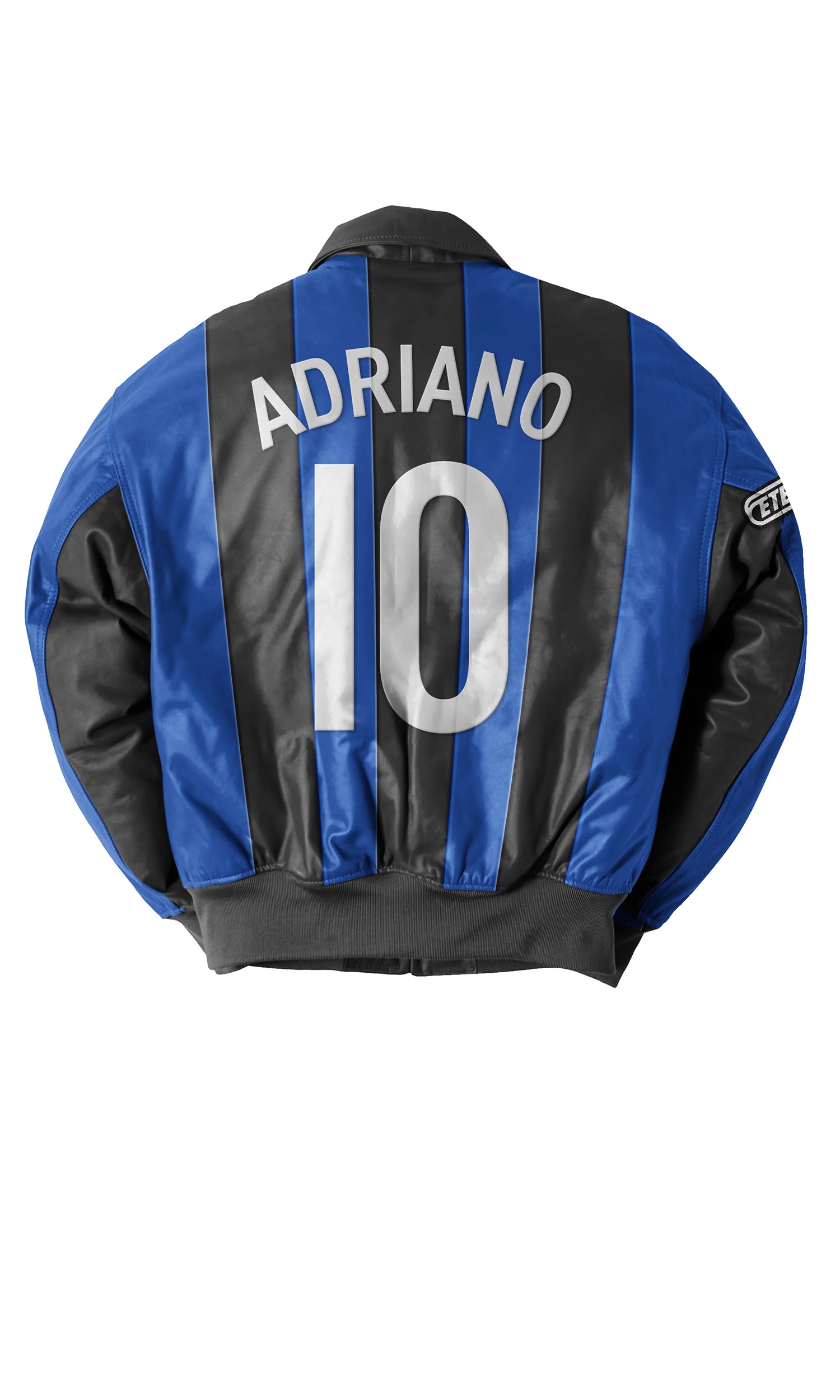 Eternal Core Football Bomber Jacket. Blue and black jacket with 'Adriano 10' printed on the back, on a white background