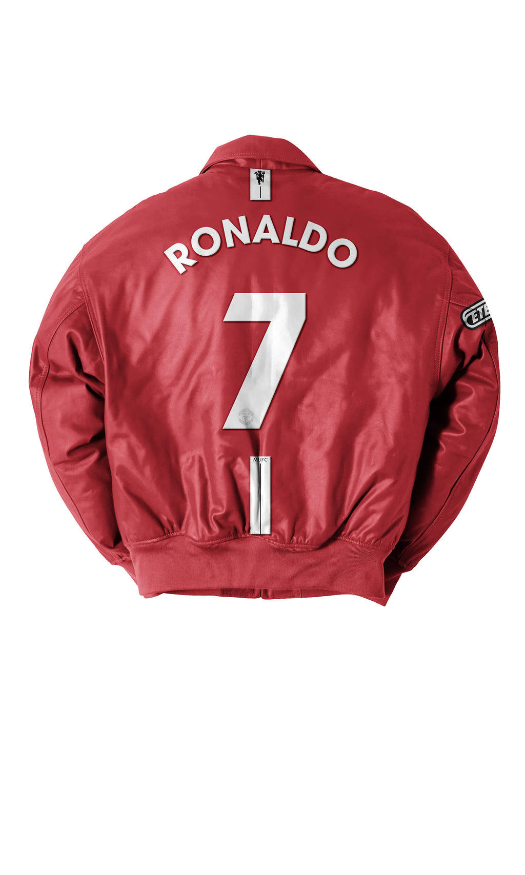 Eternal Core Football Bomber Jacket. Red jacket with 'RONALDO' and number '7' on a white background