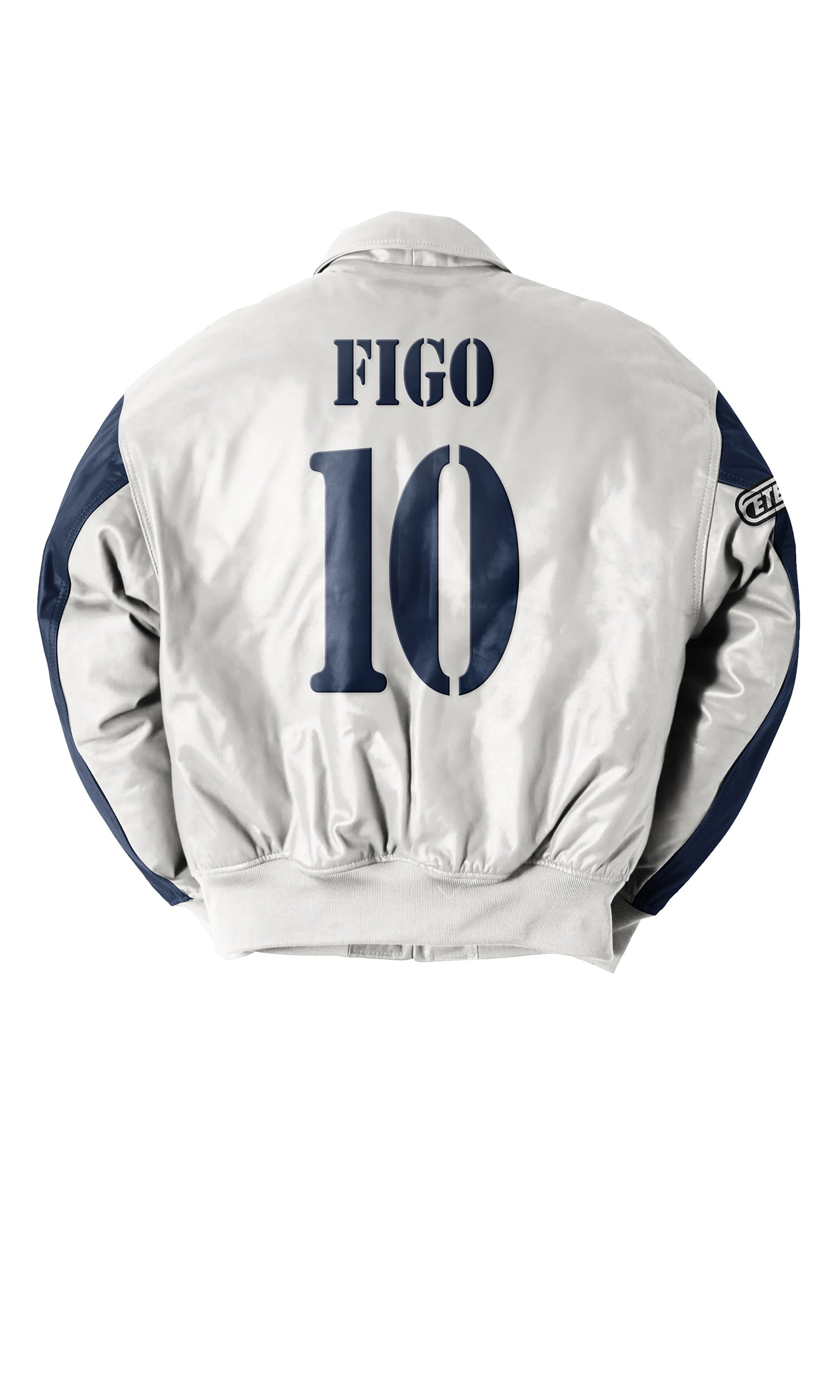 Eternal Core Football Bomber Jacket. Gray jacket with 'FIGO' and number '10' on a white background
