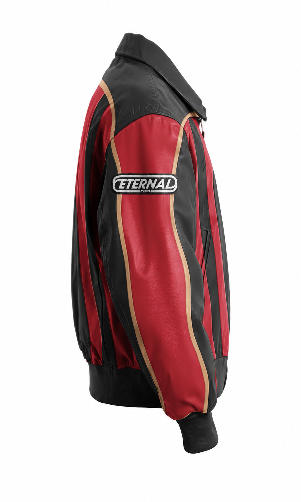 Red and black jacket with 'Eternal' branding on a white background