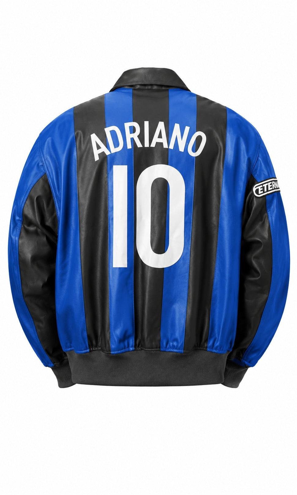 Blue and black jacket with 'Adriano 10' printed on the back, on a white background