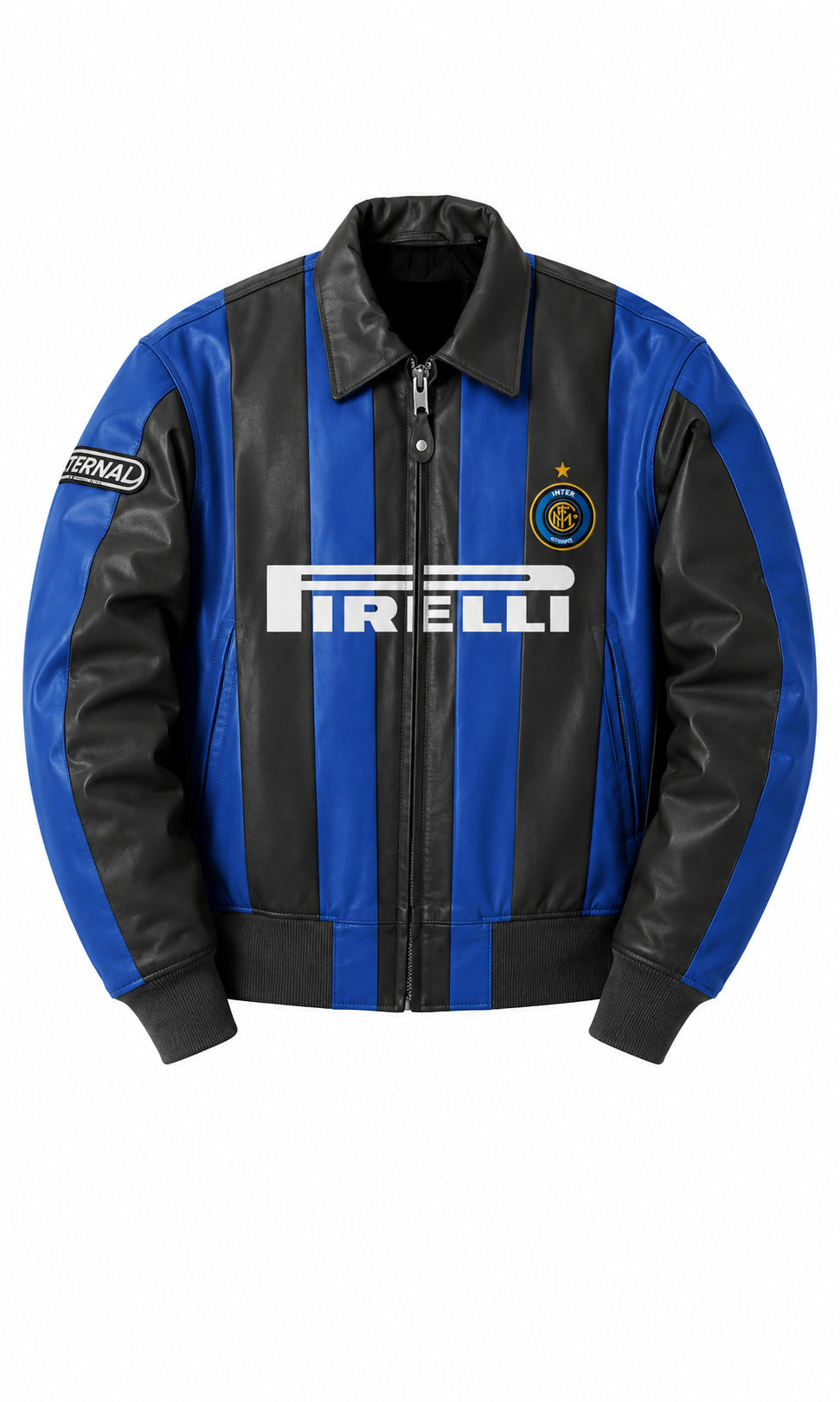 Blue and black jacket with Pirelli logo on a white background
