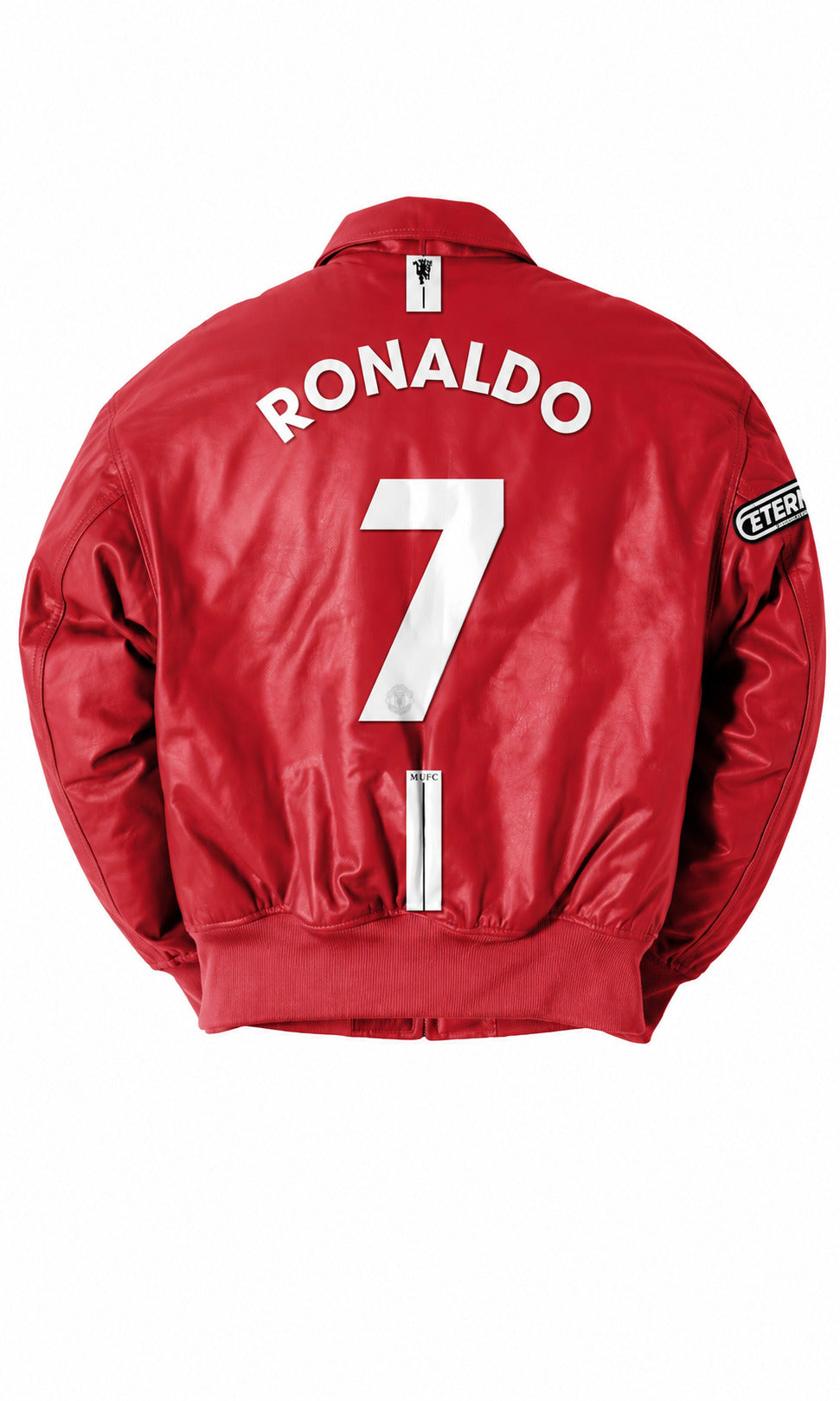 Red jacket with 'RONALDO 7' printed on the back against a white background