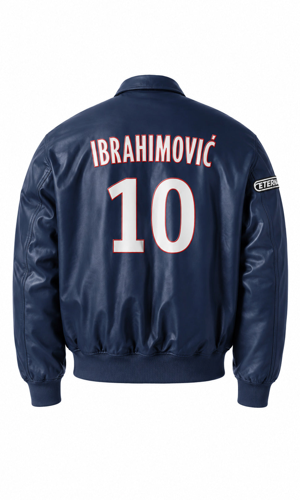 Navy blue bomber jacket with 'Ibrahimovic' and number '10' on the back, brand logo on sleeve.