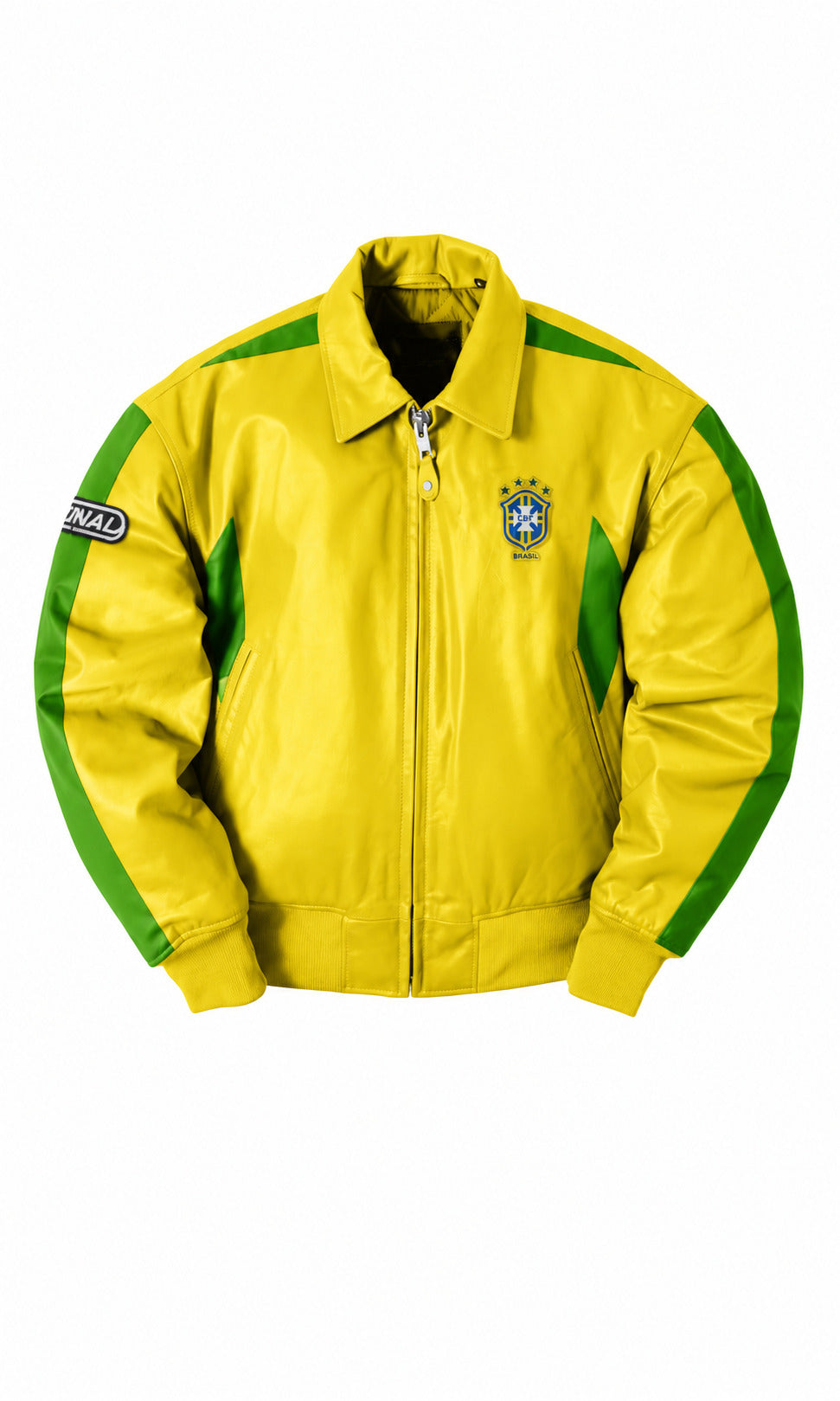 Yellow jacket with green accents on a white background
