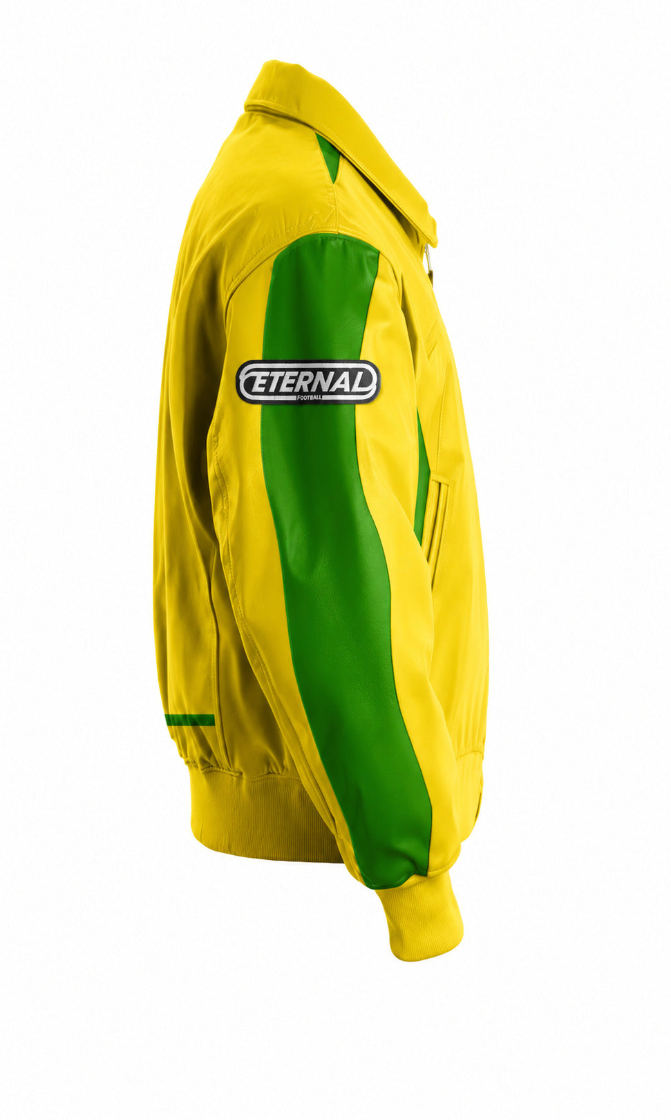 Yellow and green jacket with 'Eternal' logo on a white background