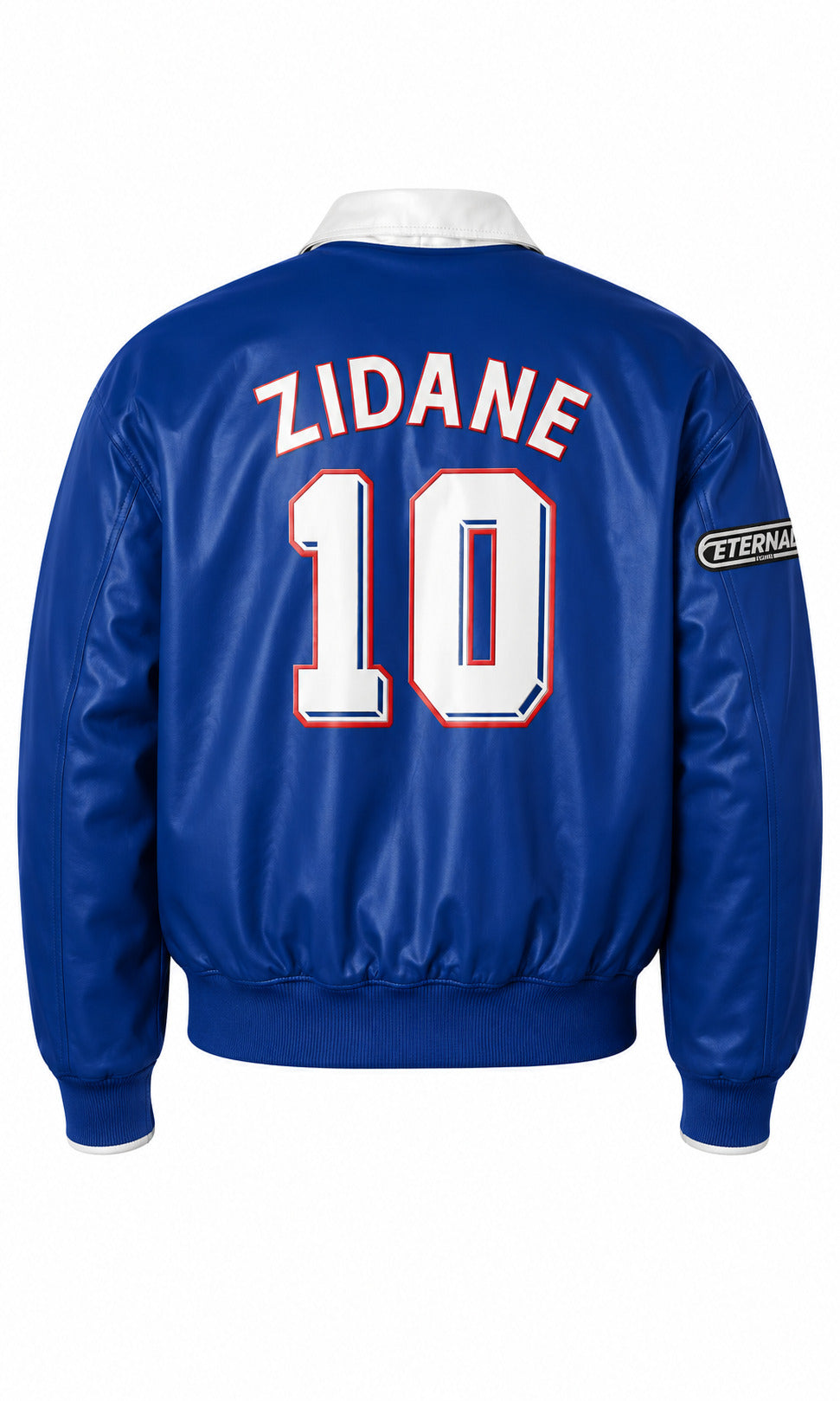 Blue jacket with 'Zidane 10' printed on the back against a white background