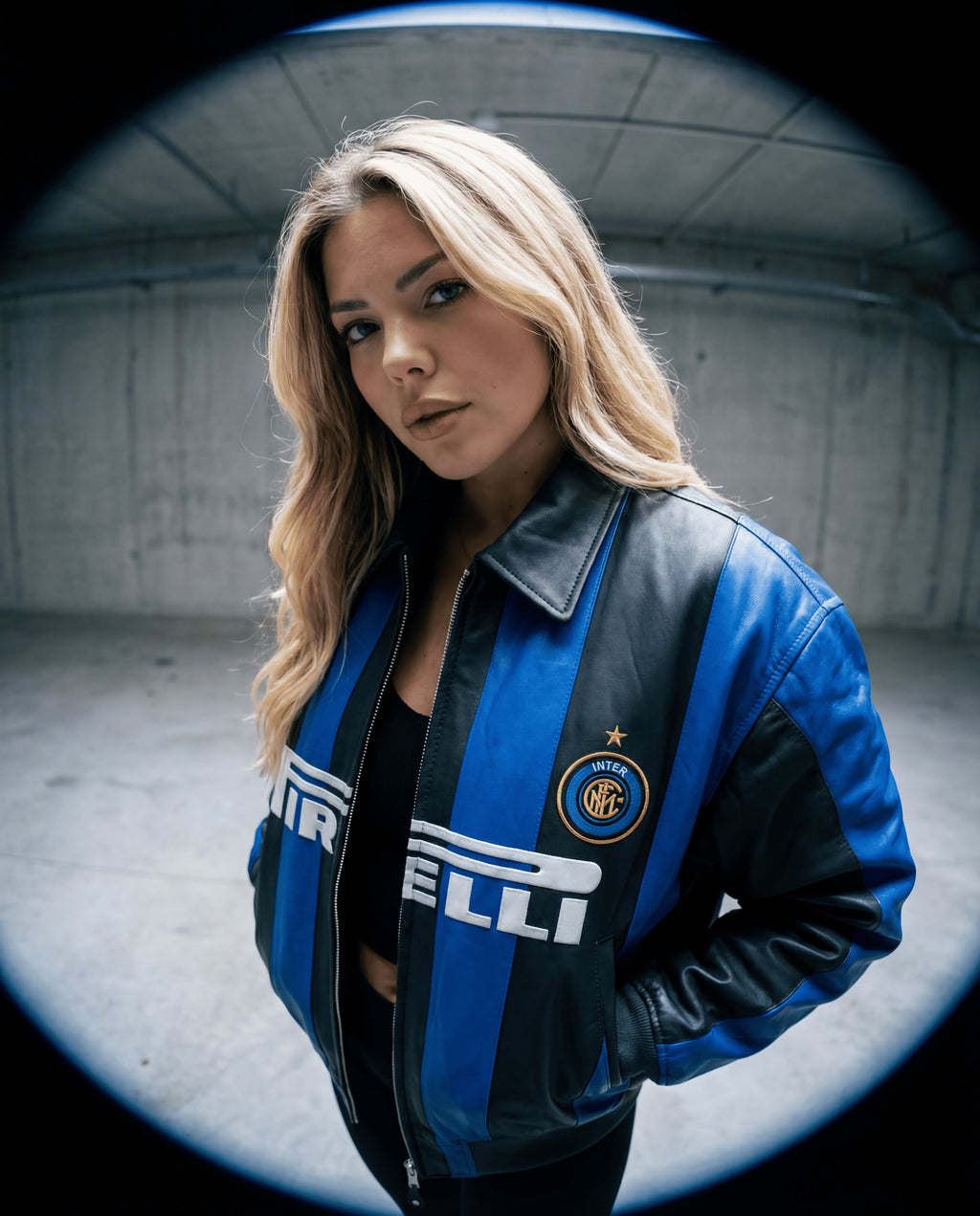 Person wearing a blue and black jacket with a logo in an indoor setting