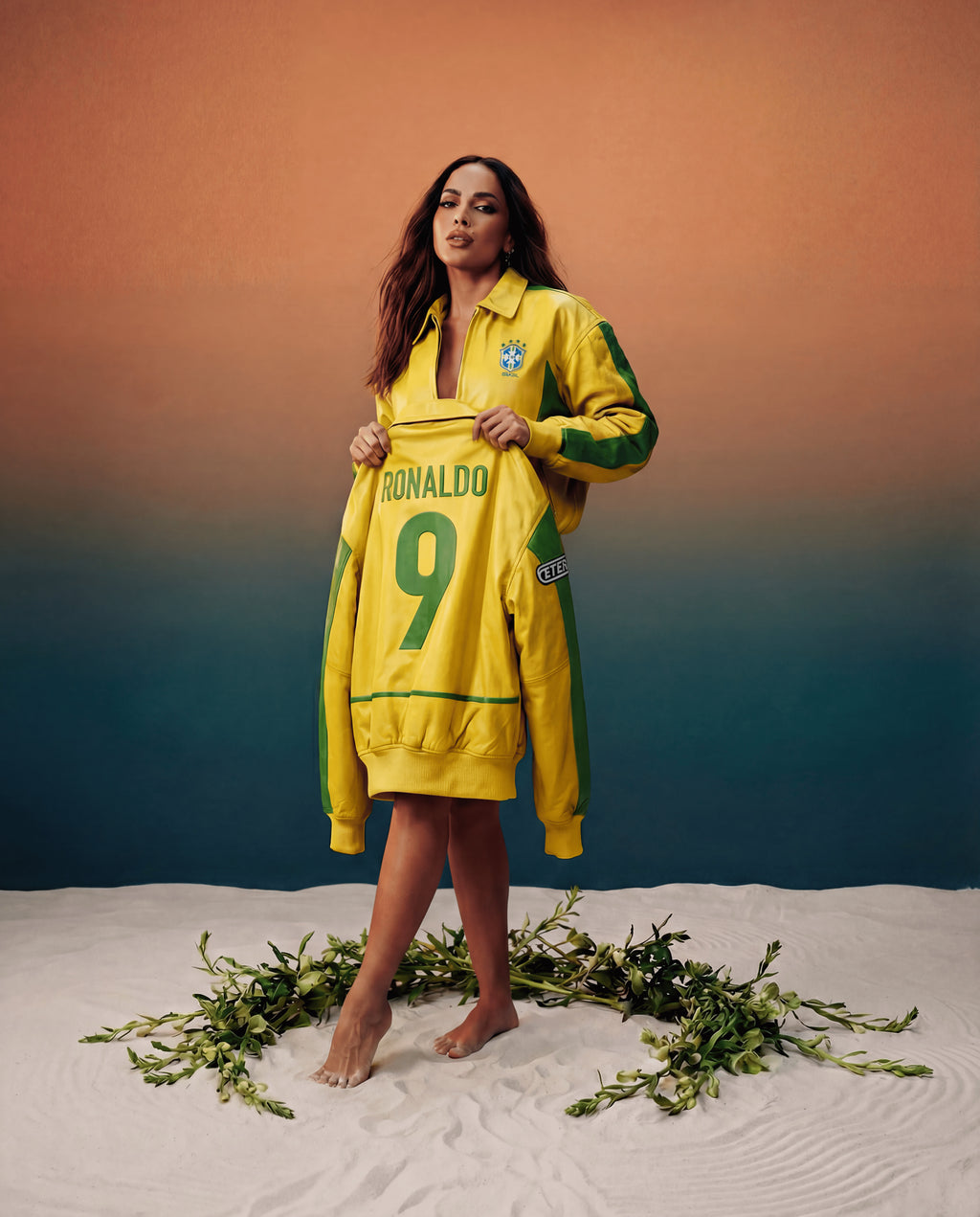 Pessoa a usar um casaco desportivo amarelo com detalhes verdes e com 'Ronaldo 9' impresso, em pé na areia, com um fundo degradê.